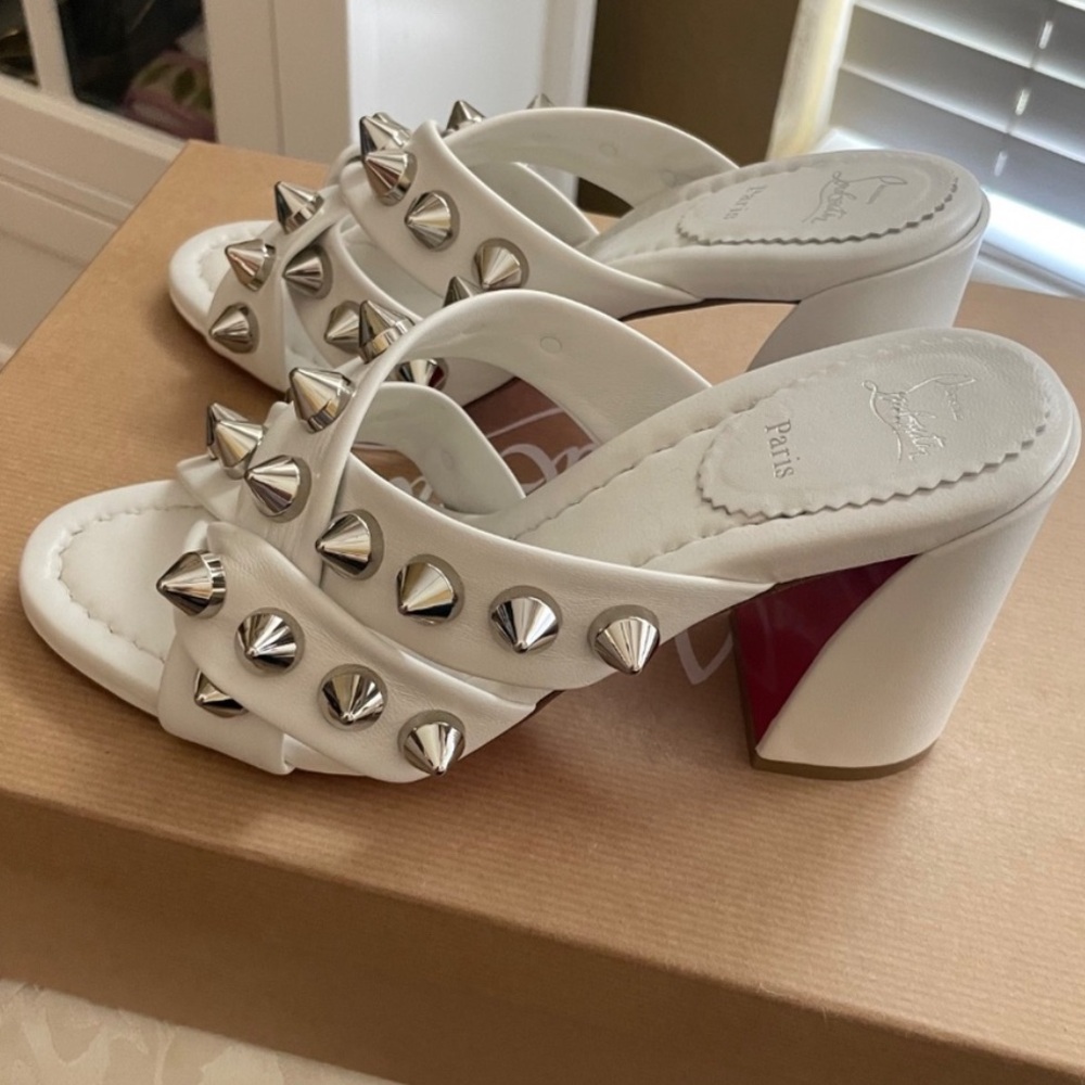 Christian Louboutin Spika Club White Mules Sandals Silver Sikes 37.5